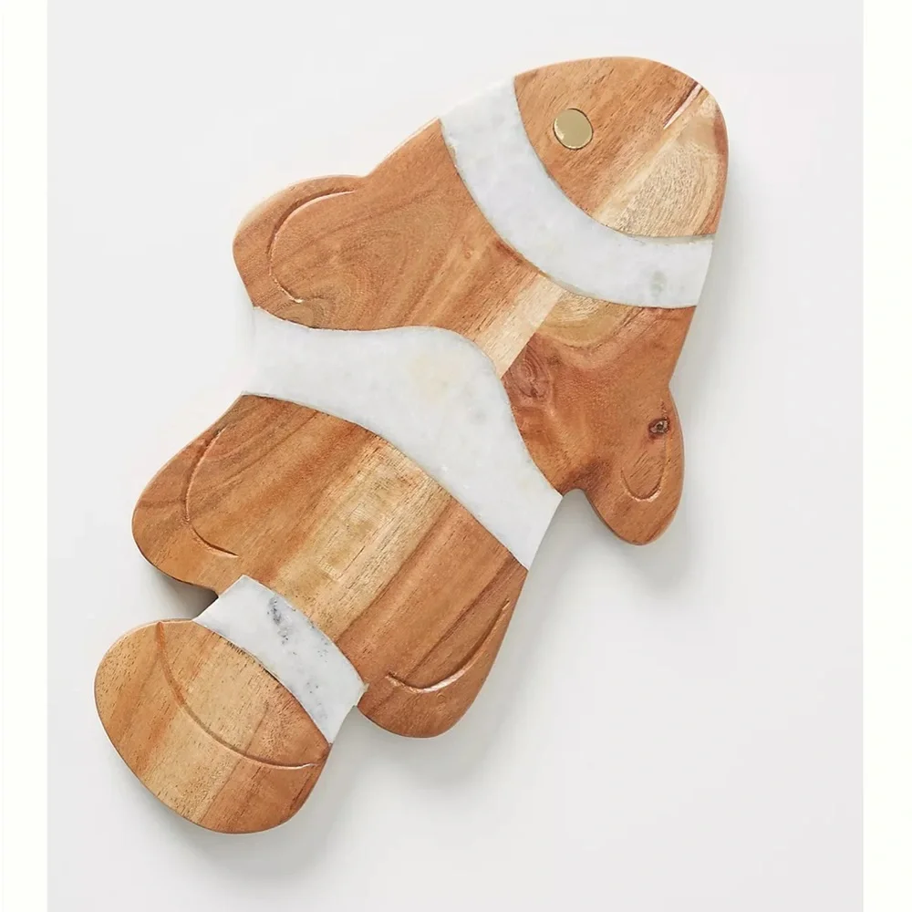 Anthropologie Wood and White Marble Fish Serving Boards